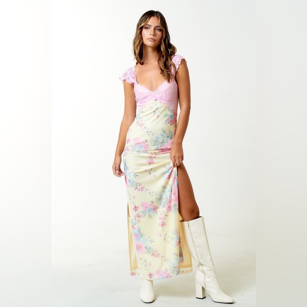 Floral Pink and Cream Slit Maxi Dress